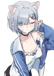 Rule 34 | 1girl, absurdres, animal ear fluff, animal ears, bare shoulders, black choker, black skirt, blue eyes, blue jacket, camisole, choker, closed mouth, eyes visible through hair, grey hair, hair behind ear, hair ornament, hair over one eye, tucking hair, highres, jacket, kaga sumire, long sleeves, looking at viewer, off shoulder, one eye closed, open clothes, open jacket, puffy long sleeves, puffy sleeves, short hair, simple background, skirt, sleeves past wrists, solo, syhan, virtual youtuber, vspo!, white background, white camisole, zzz