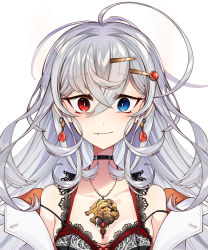 Rule 34 | 1girl, ahoge, bare shoulders, black choker, blue eyes, blush, breasts, camisole, choker, closed mouth, cluseller, coat, collarbone, cropped, crystal, earrings, fang, fang out, female focus, gem, grey hair, hair ornament, hairclip, happy, heterochromia, huge ahoge, indie virtual youtuber, jewelry, lab coat, lace trim, light blush, long hair, looking at viewer, messy hair, necklace, off shoulder, pendant, red eyes, red gemstone, sidelocks, simple background, siragumo raimu, skindentation, small breasts, smile, solo, straight-on, strap slip, upper body, virtual youtuber, white background, white coat