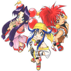 Rule 34 | 1990s (style), 3girls, aqua eyes, artist request, bandana, bloodberry, blue eyes, blue hair, blush, breasts, cherry (saber j), cleavage, earrings, fingerless gloves, from above, gloves, hair flaps, hair ornament, hands on own hips, high ponytail, interlocked fingers, jewelry, leotard, lime (saber j), lipstick, long hair, long sleeves, looking at viewer, makeup, medium breasts, multiple girls, nose blush, official art, open mouth, own hands together, ponytail, purple hair, red eyes, red hair, red lips, retro artstyle, saber marionette j, sidelocks, simple background, smile, standing, white background
