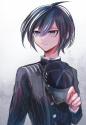 Rule 34 | 1boy, ahoge, black hair, brown eyes, buttons, closed mouth, danganronpa (series), danganronpa v3: killing harmony, eyelashes, gradient background, hair between eyes, hat, highres, holding, holding clothes, holding hat, jacket, long sleeves, male focus, saihara shuichi, short hair, sk816, solo, striped clothes, striped jacket, unworn hat, unworn headwear, upper body