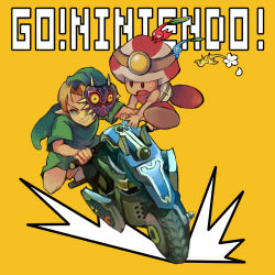 Rule 34 | 1boy, 2boys, artist request, blonde hair, blue pikmin, captain toad, crossover, english text, flower, flower on head, green shirt, hat, headlamp, headlight, hylian shield, link, mario (series), mario kart, mario kart 8, mask, motor vehicle, motorcycle, multiple boys, nintendo, open mouth, pikmin (creature), pikmin (series), plant on head, pointy ears, red pikmin, shield, shirt, shorts, simple background, smile, sweatdrop, the legend of zelda, the legend of zelda: majora&#039;s mask, tire, toad (mario), tunic, vehicle, yellow background, yellow pikmin, young link