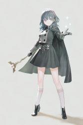 Rule 34 | 1girl, 21 (nijuichinichi), ankle boots, black cape, black footwear, black gloves, black skirt, blue eyes, blue hair, boots, breasts, byleth (female) (fire emblem), byleth (fire emblem), caduceus staff (fire emblem), cape, closed mouth, commentary request, fire emblem, fire emblem: three houses, full body, garreg mach monastery uniform, gloves, grey background, hairband, high-waist skirt, high heel boots, high heels, highres, holding, holding staff, kneehighs, long sleeves, looking at viewer, medium breasts, nintendo, pink hairband, simple background, skirt, smile, socks, solo, sparkle, staff, standing, white socks