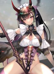 Rule 34 | 1girl, apron, breasts, demon girl, demon horns, demon wings, frilled sleeves, frills, highres, hitowa, horns, looking at viewer, maid, maid apron, maid headdress, original, pointy ears, red eyes, red horns, solo, spread legs, thighs, wings