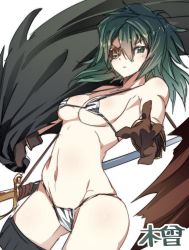 Rule 34 | 10s, 1girl, bikini, breasts, brown gloves, cape, eyepatch, gloves, green hair, kantai collection, kiso (kancolle), kiso kai ni (kancolle), large breasts, looking at viewer, personification, simple background, solo, standing, super zombie, swimsuit, sword, weapon, white background