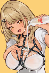 Rule 34 | 1girl, absurdres, between breasts, black collar, blonde hair, blush, bottle, breasts, chest belt, chest harness, collar, dark-skinned female, dark skin, dress, grin, gyaru, hair ornament, hand on own chest, harness, highres, holding, holding bottle, implied breast milk, kaminari qpi, large breasts, light smile, looking at viewer, milk, milk bottle, o-ring, open mouth, orange eyes, pouring, pouring onto self, puffy short sleeves, puffy sleeves, purelove acc, sexually suggestive, short sleeves, simple background, smile, solo, upper body, virtual youtuber, vspo!, wet, wet clothes, white dress, x hair ornament, yellow background, yellow eyes