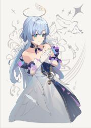 Rule 34 | 1girl, absurdres, bare shoulders, bracelet, crossed bangs, dress, feathers, feet out of frame, gloves, green eyes, hair between eyes, halo, highres, honkai: star rail, honkai (series), jewelry, long hair, looking to the side, nagishiro mito, off-shoulder dress, off shoulder, robin (honkai: star rail), sidelocks, simple background, sketch background, smile, solo, upper body, white background, white dress, white gloves, white hair, wings