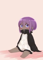 Rule 34 | 1girl, :&lt;, barefoot, blush, brown background, chibi, closed mouth, cosplay, dark-skinned female, dark skin, fate/prototype, fate/prototype: fragments of blue and silver, fate (series), hair between eyes, hassan of serenity (fate), high collar, highres, i.u.y, jacket, long sleeves, looking at viewer, meltryllis, meltryllis (fate), meltryllis (swimsuit lancer) (fate), meltryllis (swimsuit lancer) (fate) (cosplay), meltryllis (swimsuit lancer) (first ascension) (fate), purple eyes, purple hair, sitting, sleeves past fingers, sleeves past wrists, solo, white jacket