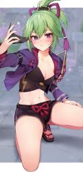 Rule 34 | 1girl, absurdres, black footwear, black shorts, blush, breasts, cleavage, commentary request, cropped jacket, genshin impact, green hair, hair between eyes, hand up, highres, jacket, kuki shinobu, long sleeves, looking at viewer, nail polish, navel, open clothes, open jacket, parted lips, ponytail, purple eyes, purple jacket, purple nails, racchi., sandals, short shorts, shorts, small breasts, solo, squatting, toenail polish, toenails, toes, zouri
