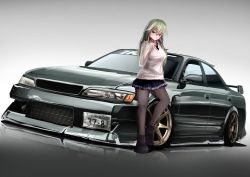 Rule 34 | 1girl, 3books, alternate costume, black necktie, breasts, car, cardigan, collared shirt, green hair, hand up, highres, kochiya sanae, large breasts, long hair, long sleeves, looking at viewer, miniskirt, motor vehicle, necktie, pantyhose, school uniform, shirt, shoes, simple background, skirt, smile, solo, standing, sweater, touhou, toyota, toyota mark ii, vehicle focus, white background, white shirt