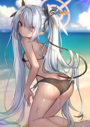 Rule 34 | 1girl, absurdres, ass, bare arms, bare shoulders, bikini, black bikini, black ribbon, blue archive, blue sky, blurry, blurry background, breasts, butt crack, cloud, commentary request, day, demon tail, depth of field, eyes visible through hair, from behind, grey hair, hair over one eye, hair ribbon, halo, highres, horizon, iori (blue archive), iori (swimsuit) (blue archive), kneeling, looking at viewer, looking back, multi-strapped bikini bottom, ocean, official alternate costume, outdoors, red eyes, revision, ribbon, rinringyo, side-tie bikini bottom, sky, small breasts, solo, sunlight, swimsuit, tail, twintails, v-shaped eyebrows, water, wet