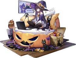 Rule 34 | 1girl, azur lane, bird, blue eyes, blush, brown hair, candy, computer, eagle union (emblem), food, halloween, halloween costume, hat, highres, laptop, long hair, long island (azur lane), long island (long island&#039;s spooky stream) (azur lane), looking at viewer, microphone, monitor, off shoulder, official alternate costume, official art, ootsuki momiji, open mouth, owl, pumpkin, pumpkin hat, solo, very long hair, witch, witch hat
