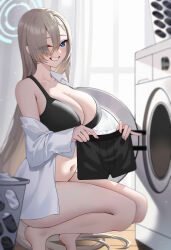 Rule 34 | 1girl, absurdres, asuna (blue archive), black bra, blonde hair, blue archive, blue eyes, bottomless, boxer briefs, bra, breasts, eyes visible through hair, fujioni, grin, hair over one eye, halo, highres, holding, holding clothes, holding underwear, large breasts, laundry, laundry basket, long hair, male underwear, mole, mole on breast, navel, off shoulder, shirt, smile, solo, squatting, stomach, teeth, tiptoes, underwear, very long hair, washing machine, white shirt