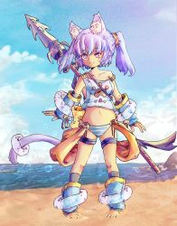 Rule 34 | 1girl, absurdres, animal ears, arm warmers, barefoot, beach, belly, black legwear, blue sky, blush, breasts, cat ears, cat girl, cat tail, chaosexceed, closed mouth, cloud, cloudy sky, detached sleeves, dot nose, floating rings, full body, harpoon, highres, leg warmers, looking to the side, midriff, navel, panties, paw print, pigeon-toed, polearm, purple eyes, purple hair, ribbon, sand, sky, small breasts, smile, solo, spear, standing, strap slip, striped clothes, striped panties, tail, tank top, thigh strap, toeless legwear, toes, twintails, underwear, weapon, weapon on back