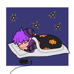 Rule 34 | 1boy, black hat, black sweater, blue background, border, cellphone, charging device, chibi, commentary request, facing viewer, full body, futon, hat, head on pillow, highres, jack-o&#039; ran-tan, lying, male focus, napoli no otokotachi, nightcap, no mouth, on side, outside border, own hands together, phone, purple hair, purple hat, purple sweater, short hair, sleeping, smartphone, solo, star (symbol), striped clothes, striped headwear, striped sweater, sweater, two-tone headwear, two-tone sweater, under covers, white border, ziko (muzikomax)