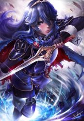 Rule 34 | 1girl, aodavid23, arm up, armor, artist name, belt, belt buckle, blue eyes, blue footwear, blue hair, blue thighhighs, blush, bodysuit, boots, buckle, cape, commentary, english commentary, falchion (fire emblem), fingerless gloves, fire emblem, fire emblem awakening, gloves, gold trim, hair between eyes, highres, holding, holding sword, holding weapon, lens flare, lucina (fire emblem), nintendo, shoulder armor, signature, solo, sword, thigh boots, thighhighs, tiara, torn cape, torn clothes, watermark, weapon, web address, wrist cuffs