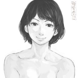 Rule 34 | 1girl, closed mouth, completely nude, greyscale, looking at viewer, mole, mole under eye, monochrome, nude, original, out-of-frame censoring, short hair, shu-mai, simple background, smile, solo, upper body, white background