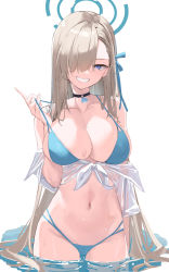 Rule 34 | 1girl, absurdres, asuna (blue archive), bikini, bikini pull, black choker, blonde hair, blue archive, blue bikini, blue eyes, blue ribbon, breasts, choker, cleavage, clothes pull, collarbone, gmatogachi, grin, hair over one eye, hair ribbon, halo, hand up, highres, large breasts, long hair, looking at viewer, mole, mole on breast, navel, off shoulder, parted lips, partially submerged, pulled by self, ribbon, see-through, shirt, short sleeves, smile, solo, striped, swimsuit, tied shirt, water, wet, white background, white shirt