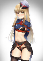 Rule 34 | 1girl, arms behind back, bdsm, black bra, black panties, black pantyhose, blonde hair, blue eyes, blush, bondage, bound, bra, breasts, clothes lift, clothes pull, cowboy shot, fate/grand order, fate (series), flower, gloves, groin, haneru, hat, highres, lace, lace-trimmed bra, lace-trimmed panties, lace trim, long hair, long sleeves, looking at viewer, lord el-melloi ii case files, panties, pantyhose, pantyhose pull, pussy juice, reines el-melloi archisorte, shibari, shirt lift, simple background, skindentation, small breasts, smile, solo, thighband pantyhose, underwear