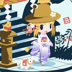 Rule 34 | 1girl, alternate costume, black eyes, blonde hair, blue background, brown headwear, chinese zodiac, cobalta, cow, floral print, full body, gradient kimono, japanese clothes, kimono, long sleeves, looking at viewer, moriya suwako, new year, open mouth, outdoors, plant, purple kimono, red sash, rope, sandals, sash, shide, shimenawa, sidelocks, simple background, smile, solo, stairs, standing, statue, touhou, wide sleeves, year of the ox, zouri