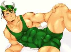 Rule 34 | 1boy, abs, animal ears, ass, bara, black hair, bodysuit, bulge, covered abs, covered navel, cow ears, cow horns, dark-skinned male, dark skin, facial hair, fake animal ears, feet out of frame, goatee, goshingo1, green bodysuit, green eyes, green hair, horns, ikusaba daisuke, impossible clothes, large pectorals, long sideburns, male focus, mask, mask on head, mature male, multicolored hair, muscular, muscular male, nipple slip, nipples, pectoral cleavage, pectorals, short hair, sideburns, sidepec, singlet, solo, spread legs, stomach, taurus mask, thick thighs, thighs, tokyo houkago summoners, two-tone hair, wrestling mask, wrestling outfit