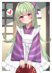 Rule 34 | 1girl, absurdres, alternate costume, apron, blunt bangs, blurry, blurry background, blush, bow, closed mouth, commentary, cowboy shot, enmaided, eyes visible through hair, frilled apron, frills, green hair, hair bow, half updo, head tilt, heart, highres, holding, holding tray, indoors, japanese clothes, kimono, long hair, long sleeves, looking at viewer, maid, maid apron, murasame (senren), purple bow, purple kimono, red eyes, senren banka, sidelocks, solo, spoken heart, standing, straight-on, straight hair, striped clothes, striped kimono, tray, very long hair, wa maid, white apron, wide sleeves, yosh1na