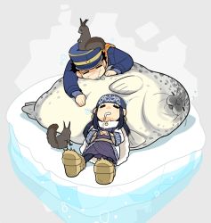 Rule 34 | 1boy, 1girl, ainu, ainu clothes, animal, asirpa, bandana, black hair, blue bandana, blue coat, blue headwear, brown footwear, buttons, cape, chibi, coat, commentary request, ear piercing, earrings, facial scar, facing viewer, full body, fur, fur cape, golden kamuy, hat, hoop earrings, ice, imperial japanese army, jewelry, kepi, long hair, long sleeves, military, military hat, military uniform, onnomono, open mouth, own hands together, piercing, saliva, saliva trail, scar, scar on cheek, scar on face, scar on nose, scarf, seal (animal), short hair, sidelocks, simple background, sleeping, spiked hair, squirrel, star (symbol), sugimoto saichi, two-tone headwear, uniform, wide sleeves, yellow headwear, yellow scarf