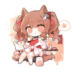 Rule 34 | 1girl, :t, angelina (arknights), angelina (summer flower) (arknights), animal ears, arknights, black collar, bow, brown eyes, brown hair, casual one-piece swimsuit, chibi, collar, cup, drink, eating, food, fox ears, fox girl, fox tail, hair bow, hair ornament, hairclip, hand up, holding, holding cup, holding food, infection monitor (arknights), long hair, looking at viewer, official alternate costume, one-piece swimsuit, red bow, red one-piece swimsuit, renren, sarong, simple background, sitting, solo, speech bubble, spoken thumbs up, swimsuit, tail, twintails, white background, white sarong