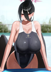 Rule 34 | 1girl, black hair, black one-piece swimsuit, black wings, blue archive, blush, breasts, cleavage, closed mouth, collarbone, cowboy shot, day, halo, hasumi (blue archive), highres, huge breasts, long hair, looking at viewer, mole, mole under eye, one-piece swimsuit, outdoors, red eyes, red halo, school swimsuit, senju (snz0), solo, swimsuit, very long hair, wet, wet clothes, wet swimsuit, wings
