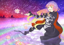 Rule 34 | 1girl, breasts, building, cape, dress, female focus, floating, flower, gradient hair, hijiri byakuren, long hair, lotus, mayoln, multicolored hair, open mouth, partially submerged, smile, solo, standing, touhou, wading, water, yellow eyes