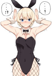 Rule 34 | 1girl, absurdres, animal ears, bare shoulders, black leotard, blonde hair, blue eyes, blush, bow, bowtie, braid, breasts, cleavage, covered navel, darjeeling (girls und panzer), detached collar, embarrassed, fake animal ears, fishnet pantyhose, fishnets, girls und panzer, highleg, highleg leotard, highres, leotard, looking at viewer, medium breasts, pantyhose, playboy bunny, rabbit ears, sattinittas, short hair, solo, speech bubble, strapless, strapless leotard, traditional bowtie, wrist cuffs