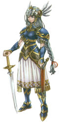 Rule 34 | 1girl, arm guards, armor, blue armor, blue eyes, boots, braid, breastplate, breasts, expressionless, feathers, full body, hair ribbon, helmet, lenneth valkyrie, long hair, official art, red ribbon, ribbon, scabbard, sheath, shoulder pads, silver hair, simple background, single braid, skirt, solo, standing, unsheathed, valkyrie, valkyrie profile (series), very long hair, white background, white skirt, yoshinari you