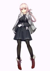 Rule 34 | 1girl, alternate costume, arm at side, black dress, black pantyhose, black ribbon, blunt bangs, boots, braid, breasts, buckle, buttons, cape, closed mouth, cross-laced footwear, double-breasted, dress, fate/grand order, fate (series), florence nightingale (fate), full body, fur-trimmed boots, fur-trimmed cape, fur trim, grey cape, hair ribbon, high heel boots, high heels, knee boots, lace-up boots, large breasts, long hair, long sleeves, mikomachi (35machi), pantyhose, pink eyes, pink hair, red footwear, ribbon, single braid, smile, solo, transparent background, very long hair