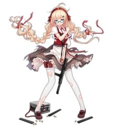 Rule 34 | 1girl, ahoge, black-framed eyewear, blonde hair, blue eyes, braid, brown footwear, bullet, carl gustaf m/45, character name, covering privates, floating hair, frilled skirt, frills, full body, girls&#039; frontline, glasses, gun, hair ornament, hair ribbon, hairband, hairclip, holding, holding gun, holding weapon, long hair, long sleeves, looking at viewer, m45 (girls&#039; frontline), magazine (object), magazine (weapon), neck ribbon, official alternate costume, official art, pantyhose, parted lips, petticoat, photoshop (medium), red ribbon, red vest, ribbed legwear, ribbon, semi-rimless eyewear, shirt, shoes, skirt, solo, standing, submachine gun, tamaxi, torn clothes, torn pantyhose, transparent background, twin braids, under-rim eyewear, vest, weapon, white pantyhose, white shirt