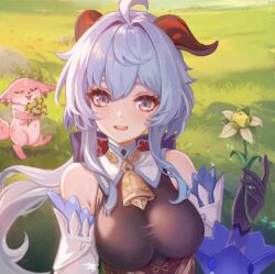 Rule 34 | 2girls, ahoge, bare shoulders, bell, blue hair, blush, bodystocking, breasts, cowbell, curled horns, detached sleeves, flower, ganyu (genshin impact), genshin impact, goat horns, holding, holding flower, horns, large breasts, long hair, looking at viewer, multiple girls, neck bell, purple eyes, sylnice, upper body, yae miko, yae miko (fox)