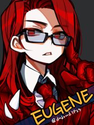 Rule 34 | 1girl, borrowed character, collared shirt, commentary request, employee (project moon), glasses, gloves, grey background, jacket, lobotomy corporation, long sleeves, necktie, project moon, rectangular eyewear, red eyes, red gloves, red hair, red jacket, red necktie, shirt, shot (urem), simple background, solo, white shirt