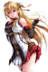 Rule 34 | 1girl, alisa reinford, belt, belt pouch, black gloves, black shirt, blonde hair, breasts, collared shirt, commentary, cowboy shot, eiyuu densetsu, elbow gloves, eyelashes, falcom, feather hair ornament, feathers, fingerless gloves, flower, gloves, hair flower, hair ornament, hair ribbon, hand on own chest, highres, jacket, kagura yuuto, long hair, looking at viewer, medium breasts, miniskirt, neck ribbon, open mouth, pleated skirt, pouch, red eyes, red ribbon, red skirt, ribbon, sen no kiseki, sen no kiseki ii, shirt, short sidetail, simple background, skirt, sleeveless, sleeveless jacket, smile, solo, thigh strap, thighs, two-tone skirt, waving, white background, white jacket, white skirt, wind, wing collar