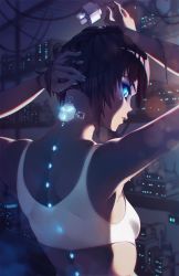 Rule 34 | 1girl, android, backbone, black hair, blue eyes, breasts, cable, commentary, electric plug, electrical outlet, electrical outlet, from behind, glowing, glowing eyes, hair lift, highres, looking back, neon trim, original, rtil, short hair, small breasts, solo, sports bra