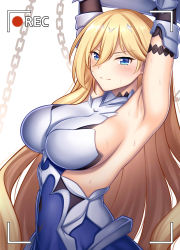 Rule 34 | 1girl, absurdres, arm guards, armor, armored dress, armpits, arms up, bdsm, bianka durandal ataegina, bianka durandal ataegina (bright knight: excelsis), blonde hair, blue dress, blue eyes, bondage, bound, breasts, closed mouth, commentary request, dress, guardian-panda, hair between eyes, highres, honkai (series), honkai impact 3rd, large breasts, long hair, mixed-language commentary, recording, sideboob, simple background, straight hair, sweat, upper body, very long hair, white background