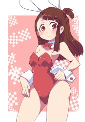 Rule 34 | 1girl, animal ears, asymmetrical bangs, bow, bowtie, breasts, brown hair, cleavage, cowboy shot, detached collar, fake animal ears, hand on own hip, kagari atsuko, leotard, little witch academia, long hair, playboy bunny, rabbit ears, rabbit tail, red bow, red bowtie, solo, tail