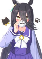 Rule 34 | 1girl, 2-butani, absurdres, ahoge, animal ears, black hair, blush, bow, coffee mug, commentary request, covering own mouth, cup, earrings, hair between eyes, highres, holding, holding cup, horse ears, horse girl, horse tail, jewelry, long hair, long sleeves, looking at viewer, manhattan cafe (umamusume), mug, multicolored hair, paw print, pleated skirt, purple serafuku, purple shirt, purple skirt, sailor collar, school uniform, serafuku, shirt, single earring, skirt, solo, streaked hair, tail, tracen school uniform, umamusume, upper body, very long hair, white bow, white hair, winter uniform, yellow eyes