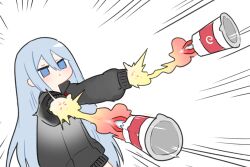Rule 34 | 132 (bb32768), 1girl, arm cannon, black jacket, blue eyes, blue hair, commentary, cup ramen, dual arm cannons, emphasis lines, firing, hair between eyes, jacket, light blue hair, long hair, muzzle flash, project sekai, sleeves past wrists, solo, standing, very long hair, weapon, yoisaki kanade