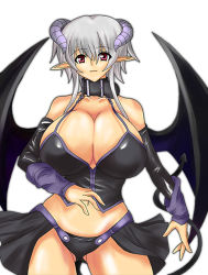 Rule 34 | 1girl, breasts, cleavage, collar, demon girl, detached sleeves, horns, huge breasts, midriff, navel, pink eyes, pointy ears, red eyes, silver hair, solo, demon girl, tail, umino mokuzu (a4 size), wings