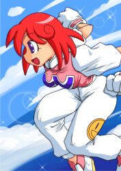 Rule 34 | 1girl, blush, breasts, cloud, gloves, highres, jumping, konami, marinba, medium breasts, ocean, open mouth, pants, pastel (twinbee), pink shirt, purple eyes, red hair, shirt, shoes, short hair, short sleeves, sky, smile, smiley face, sparkle, twinbee, water, white footwear, white gloves, white pants