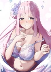 Rule 34 | 1girl, absurdres, angel wings, blue archive, blush, bow, bow bra, bra, breasts, cleavage, collarbone, commentary request, cosmos (rea1ityc0sm0s), feathered wings, flower, hair bun, hair flower, hair ornament, hair ribbon, highres, large breasts, long hair, looking at viewer, low wings, mika (blue archive), navel, panties, pink background, pink bow, pink flower, pink hair, purple bra, purple panties, ribbon, single side bun, smile, solo, sparkle, stomach, strap slip, underwear, white ribbon, white wings, wings, yellow eyes
