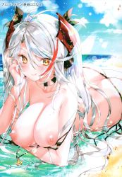 Rule 34 | 1girl, absurdres, ass, azur lane, bare shoulders, bikini, blue sky, breasts, butt crack, cloud, cloudy sky, day, hair ornament, highres, kamiya maneki, large breasts, long hair, looking at viewer, lying, multicolored hair, nipples, on stomach, outdoors, page number, prinz eugen (azur lane), prinz eugen (unfading smile) (azur lane), red hair, silver hair, simple background, sky, solo, swimsuit, thighs, water drop, yellow eyes