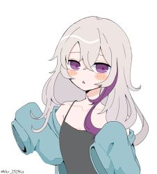 Rule 34 | 1girl, aqua jacket, black camisole, blush stickers, camisole, collarbone, crossed bangs, flower (vocaloid), flower (vocaloid3), grey hair, hair between eyes, hair down, highres, jacket, long hair, looking at viewer, multicolored hair, nikoniko mokare, off shoulder, purple eyes, purple hair, simple background, sleeves past fingers, sleeves past wrists, solo, spaghetti strap, streaked hair, triangle mouth, twitter username, upper body, vocaloid, white background
