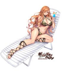 Rule 34 | 1girl, bare shoulders, beach chair, bikini, blush, breasts, brown hair, choker, cleavage, commentary request, cup, drinking glass, drinking straw, earrings, food, fruit, full body, gang of heaven, halterneck, high heels, holding, jewelry, large breasts, lips, logo, long hair, looking at viewer, lying, makeup, masami chie, multi-strapped bikini, nail polish, navel, official art, on side, one eye closed, orange (fruit), orange slice, parted lips, purple eyes, shiny skin, simple background, solo, swimsuit, tattoo, tropical drink, white background