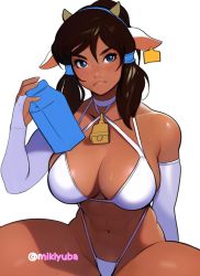 Rule 34 | 1girl, abs, animal ears, artist name, avatar legends, bare shoulders, bikini, blush, breasts, brown hair, collarbone, cow ears, cow horns, detached sleeves, ear tag, frown, groin, hand up, holding, holding carton, horns, korra, large breasts, long hair, mikiyuba, navel, ponytail, solo, swimsuit, the legend of korra, white bikini, white sleeves