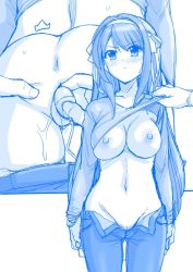 Rule 34 | 1girl, :&lt;, alternate hair length, alternate hairstyle, anus, ass, blue theme, blush, breasts, clothes lift, clothes pull, commentary request, female pubic hair, hair ribbon, hairband, haruhisky, highres, inset, large breasts, lifting another&#039;s clothes, long hair, looking away, monochrome, navel, nipples, no bra, no panties, official alternate hair length, official alternate hairstyle, open fly, pants, pants pull, pubic hair, pussy, pussy juice, ribbon, sex toy, shirt lift, solo focus, spread ass, suzumiya haruhi, suzumiya haruhi no yuuutsu, uncensored, vibrator