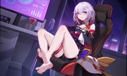 Rule 34 | 1girl, absurdres, bare legs, bare shoulders, barefoot, black gloves, chair, clenched teeth, commentary request, cup, drinking glass, dutch angle, elbow gloves, feet, gaming chair, gloves, handheld game console, heiyizhushenxia, highres, holding, holding handheld game console, honkai: star rail, honkai (series), indoors, looking at viewer, multicolored hair, nintendo switch, numby (honkai: star rail), red hair, sitting, soles, streaked hair, swivel chair, teeth, thigh strap, thighs, toes, topaz (honkai: star rail), trotter (honkai: star rail), white hair, wine glass